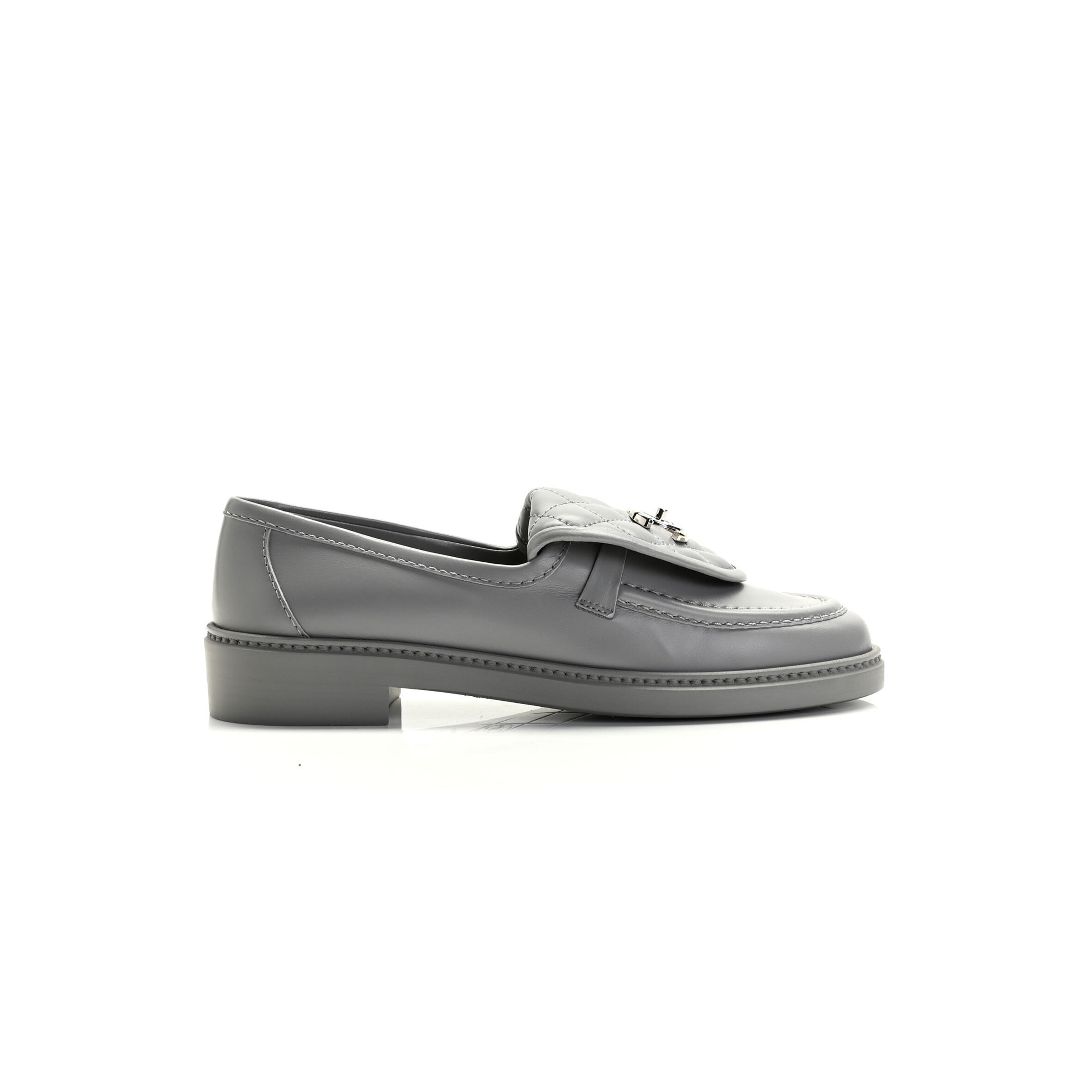 CHANEL LAMBSKIN QUILTED CC TURNLOCK LOAFERS GREY
